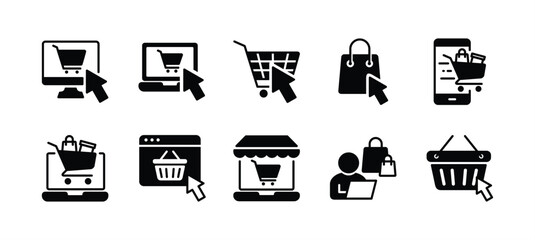 Online shop business icon set. Containing shopping, order, buy, purchase, bought, sale, sell, store, market for e-commerce. Click bag or shopping cart on mobile device. Vector illustration