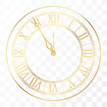 Golden elegant roman numerals clock. Antique time design. Luxury glossy golden clock face dial of round shape vector illustration isolated on white background