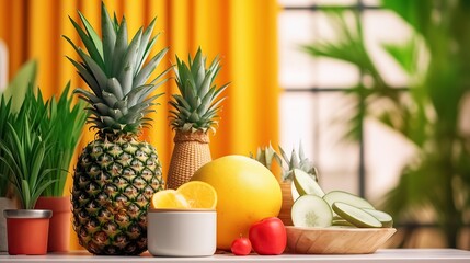 A stock photo of a blank white frame mockup next to a pineapple with a summer theme Generative AI