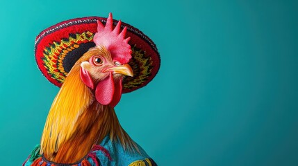 A playful image of a chicken cockerel wearing a sombrero and Mexican attire, captured in a vibrant studio setting.