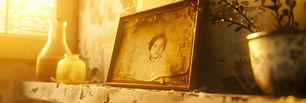 Faded Photograph: A yellowed, tattered photo on a dusty shelf, showing someone long gone.
