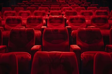 Fototapeta premium Red cinema or theater seats in dark room. Background with rows of chairs for audience, movie and theatre concept.