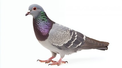 Obraz premium Rock pigeon with iridescent purple and green neck feathers standing in profile on a clean white background.