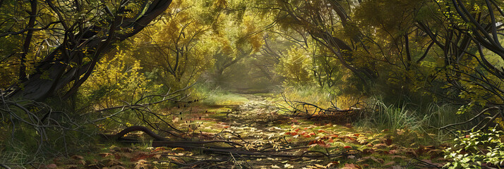 Forgotten Path: An overgrown trail in the woods, with fallen leaves and branches littering the ground.