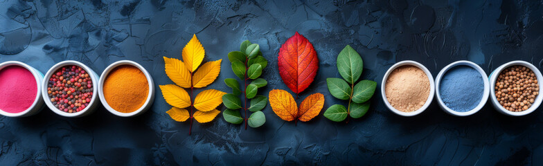 A vibrant, minimalist composition featuring colorful spices and autumn leaves neatly arranged on a textured dark surface, celebrating the harmony of nature, flavors, and seasonal change.
