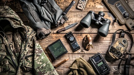 Flat lay of hunting gear on a wooden surface, including camouflage clothing, binoculars, a knife, a compass, and a GPS device.