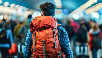 A man with a backpack is standing in a crowded airport. The man is wearing a blue scarf and a black jacket. The airport is busy with people walking around and waiting in line