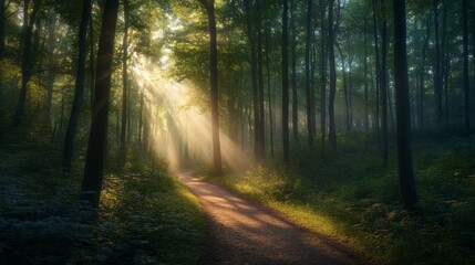 Fototapeta premium Serene Forest with Majestic Trees - Stock Photo e006716a-5d22-43ea-8672-eea52524f01f