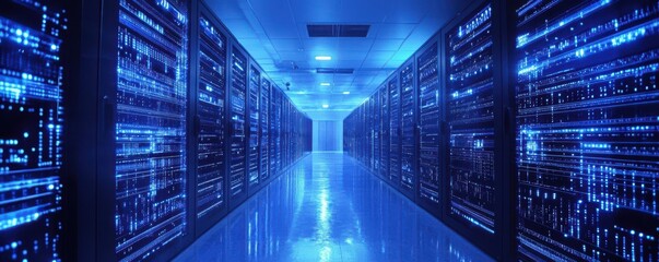 Obraz premium A futuristic data center corridor filled with glowing servers, showcasing modern technology and advanced computing infrastructure.