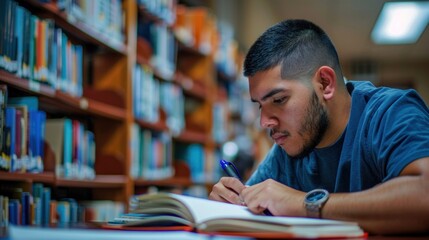 A Latino college student studying in the library