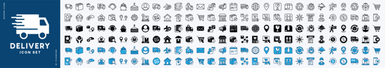 Set of delivery icon. Containing shipping, shipment, cargo, package, tracking, box, service, order, container, courier, transportation, logistic, warehouse, truck, fragile, express, postal, online