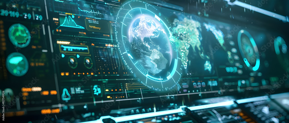 Leinwandbilder A futuristic digital interface showcasing global data analytics with real-time statistics and a rotating 3D model of the Earth.