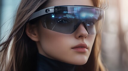 Close up of woman wearing smart glasses with futuristic blue screen displaying code.