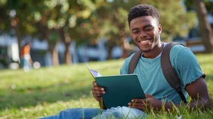 Obraz premium A happy college student smiling while studying outdoors