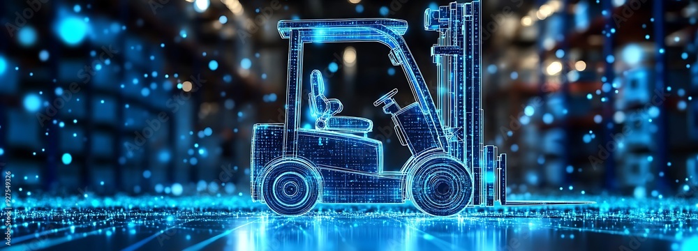 Wall mural digital blue forklift truck with glowing data streams symbolizes the optimization of artificial inte