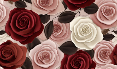 A seamless pattern of velvet roses in rich red and pink colors.