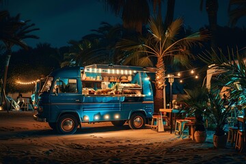 Food truck with lights and decorations stands under palm trees at sunset near the sea in the style of Spanish style