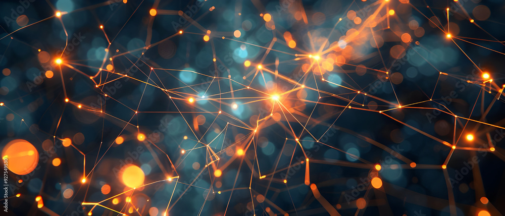 Poster An abstract image of a glowing neural network featuring interconnected orange nodes on a dark background, representing AI and connectivity.