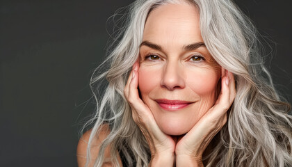 Fototapeta premium A woman with long gray hair is smiling and resting her chin on her hand. She is happy and content