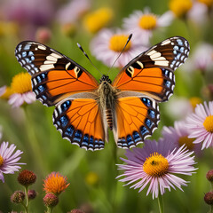 Fototapeta premium Colorful Monarch butterfly with black and orange wings delicately perched on a vibrant flower in a summer garden