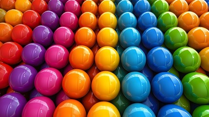 Colorful Assortment of Vibrant Rubber Balls or Spheres Arranged in Rainbow Gradient Pattern