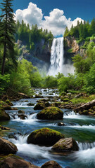background view of a waterfall in the middle of a beautiful forest