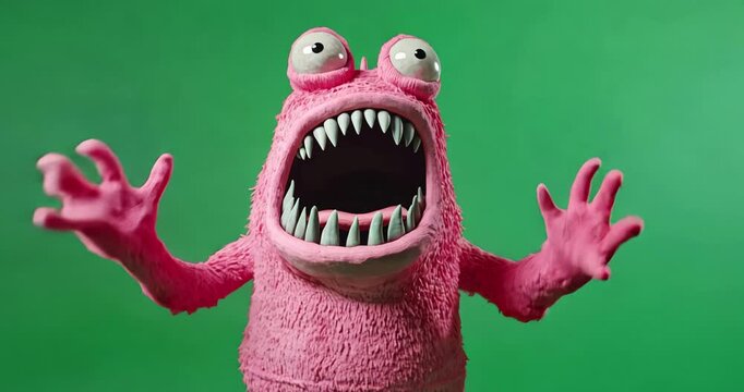 Funny pink monster on a green background