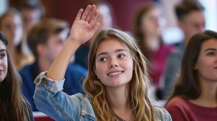 Fototapeta premium A college student raising a hand to ask a question in class