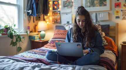 A college student attending an online class on a laptop in a dorm room