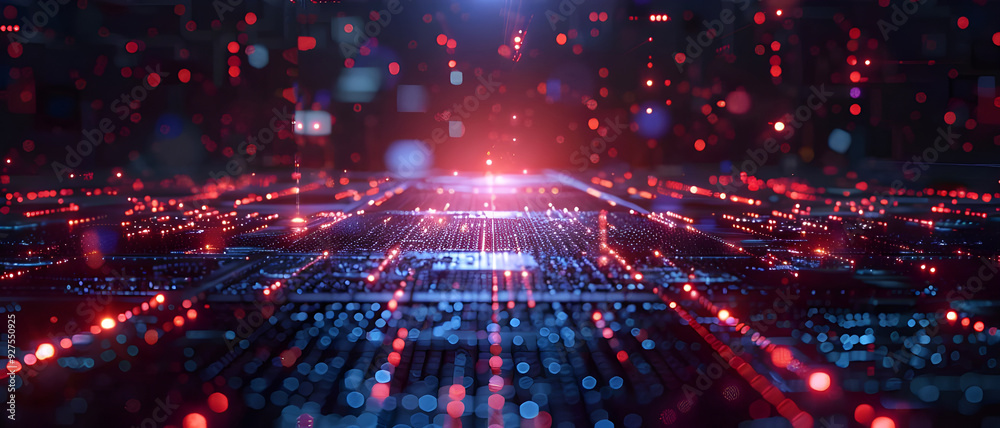 Leinwandbilder A close-up view of abstract digital circuitry with glowing red and blue lights, representing advanced technology and data processing.