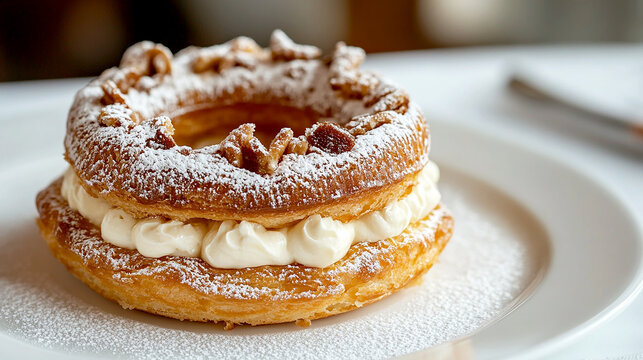 Paris-Brest with its golden-brown, ring-shaped pastry filled with creamy praline, elegantly displayed on a white plate with a dusting of powdered sugar