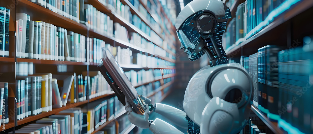 Fototapete a robot reads a book in a futuristic library, symbolizing the intersection of artificial intelligenc