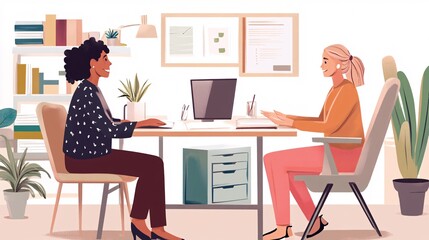 A friendly credit counselor discussing financial strategies with a client in a cozy office setting, with a light solid color background