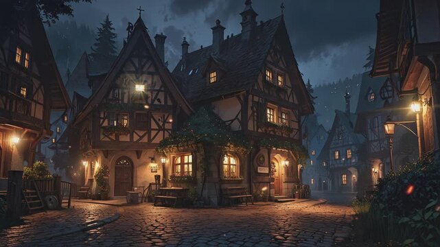 A cobblestone street in a medieval village at night with lit windows, street lamps, and a bench outside a building with a sign that reads "The Old Tavern".