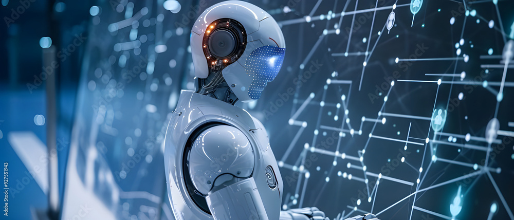 Poster A robot engages with a digital interface, surrounded by a network of data points and connections, symbolizing advanced AI and futuristic technology.