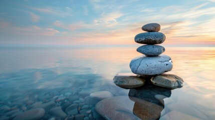 Stack of rocks standing in the gentle waters of a quiet ocean bay