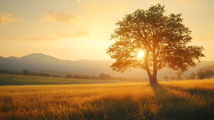 Scenic Autumn Sunset Over Idyllic Rural Meadow with Lone Tree