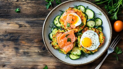 Egg and salmon fritters on vintage wood