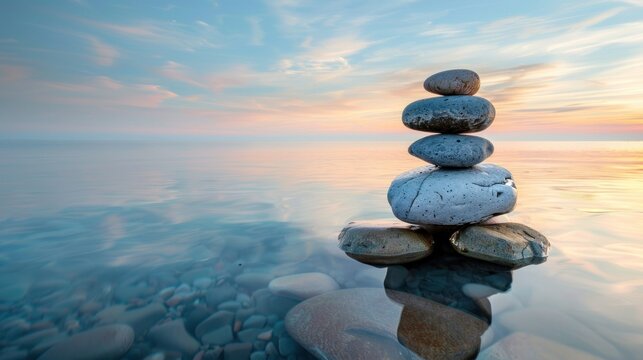 Stack of rocks standing in the gentle waters of a quiet ocean bay