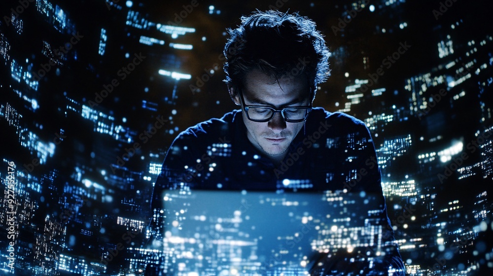 Wall mural a focused cryptanalyst analyzing complex algorithms on a laptop, surrounded by digital data visualiz