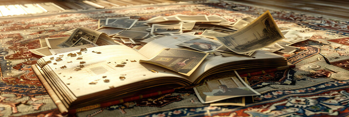 The Forgotten Photo Album: A dusty old photo album, spilling its contents on a worn Persian rug.