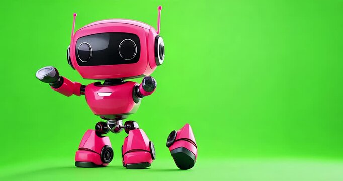 Pink robot dancing on green screen background.