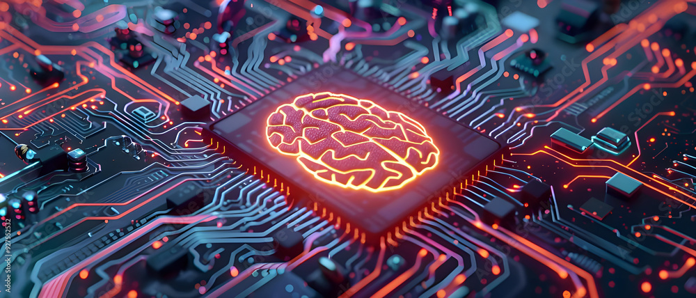 Fototapete A glowing brain-shaped chip integrated into a futuristic circuit board, symbolizing artificial intelligence and advanced computing technologies.
