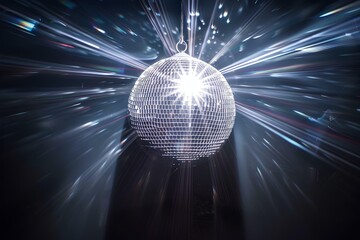 silver disco ball on black background with rays of light shining through, creating the starry sky in a night club. The glittery surface reflects create sense of excitement and fun.