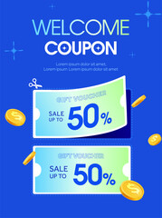 3d welcome coupon with percentage off and coupon code, isolated, in a cute concept. Special discount voucher banner template. 3D coupon calendar banner or poster template. Vector illustration. Vector