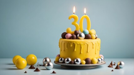 A colorful 30th birthday cake adorned with candles and chocolates