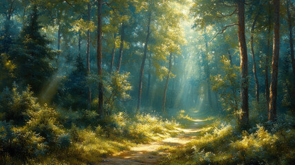 Forest scene wallpaper with tall trees, dappled sunlight, and a tranquil path.