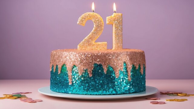 A 21st birthday cake with lit candles