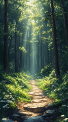 Obraz premium Forest scene wallpaper with tall trees, dappled sunlight, and a tranquil path.