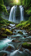 Fototapeta premium background view of a waterfall in the middle of a beautiful forest